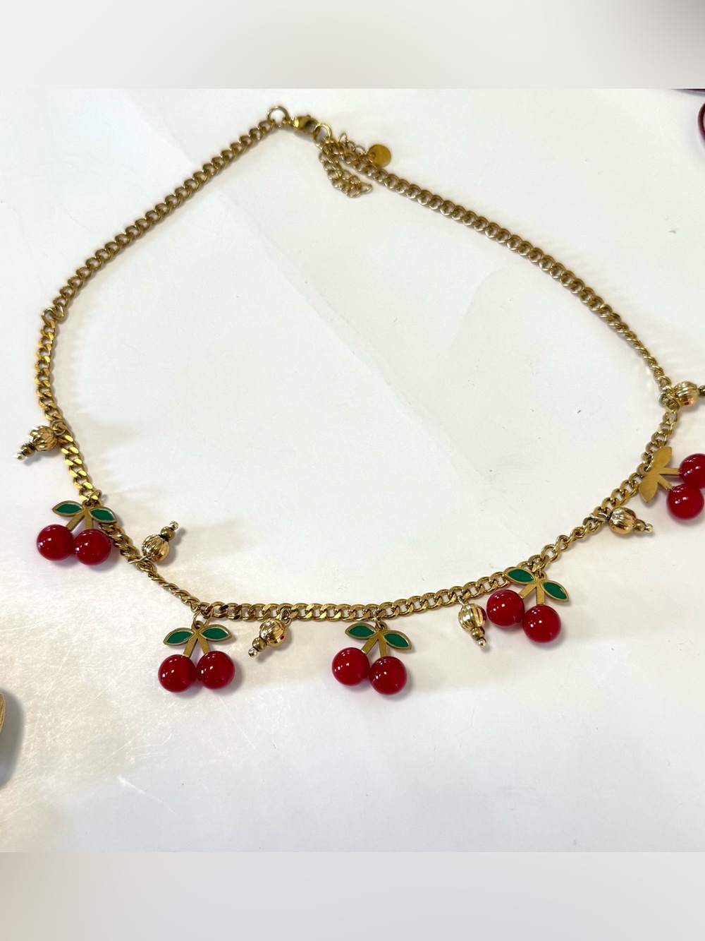 Gold Cherry Charm Necklace - Red Cherry Pendant Necklace - Picture 3 of 4